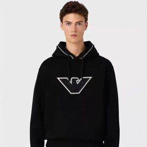 Emporio Armani Men's Double Jersey Hooded Sweatshirt with Eagle Embroidery